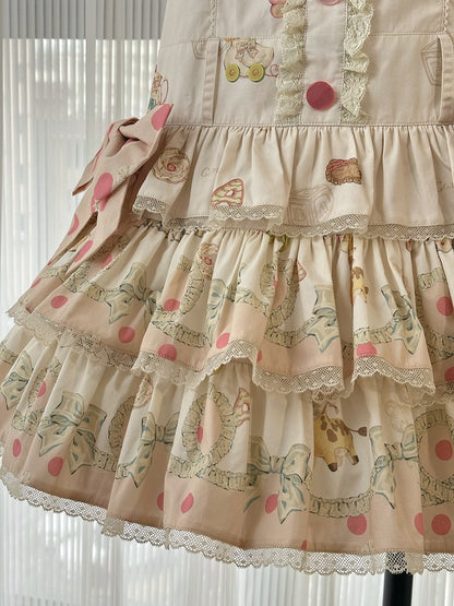 Print Dress Sweet with Waist Tiered Dropped Toys Hood Ears Skirt Bear Lolita Overall