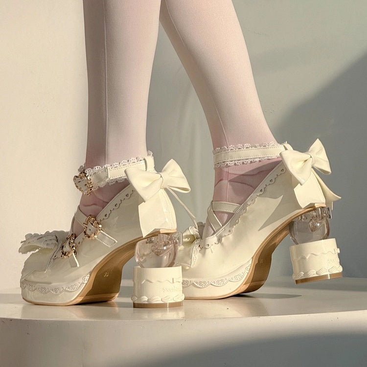 White Sweet Lolita Platform High-heel Mary Janes Cake Heel Bow Heart Buckle - Vintage Sweetheart