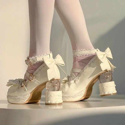 White Sweet Lolita Platform High-heel Mary Janes Cake Heel Bow Heart Buckle - Vintage Sweetheart
