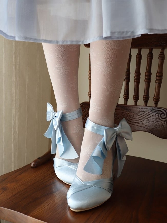 Heels Blue Toe Accent Satin Light Elegant Buckle Pointed Heart Lolita High Bow