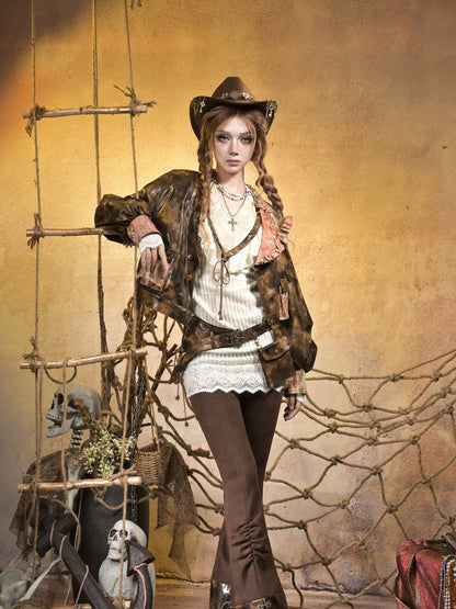 Collar Lace Orange Brown Millard 3D PU Asymmetrical with Steampunk Pockets Jacket