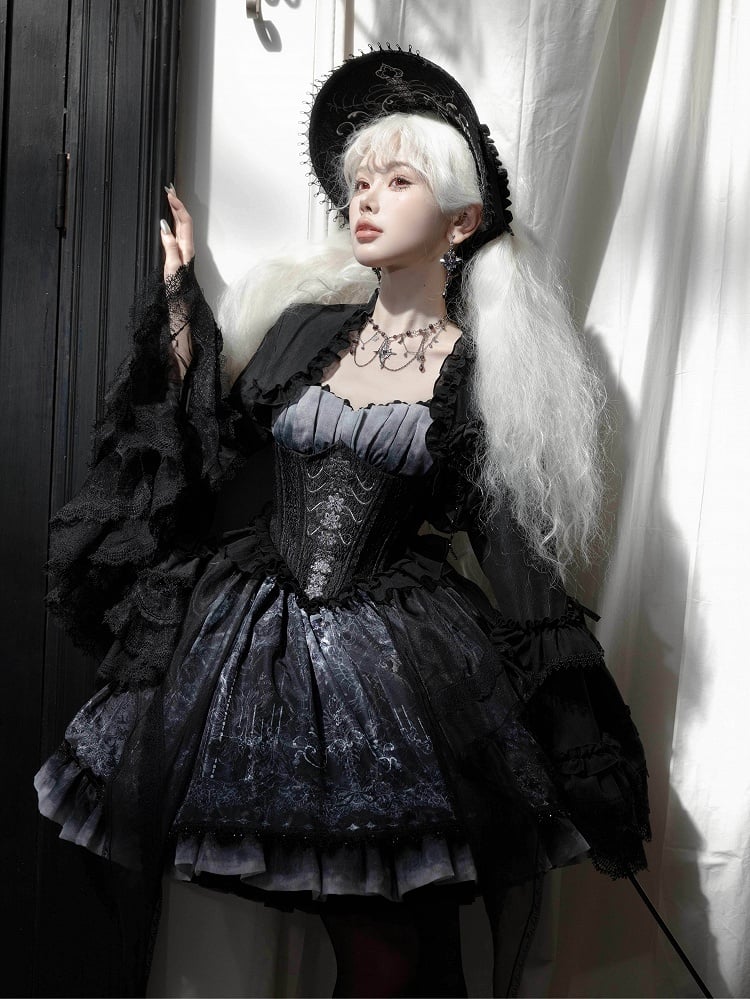 Print Butterfly Corset Spaghetti Ribs Straps Lolita Gothic Dress JSK and