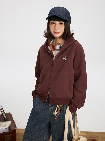 Vintage Red Double-Pull Wine Hoodie Zipper Placket