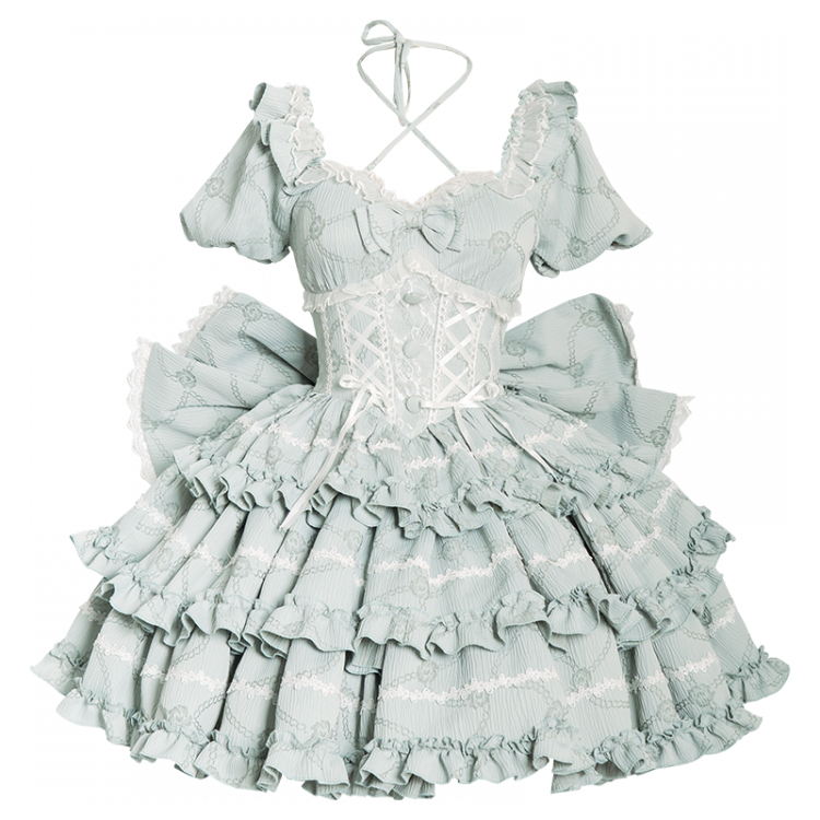 Princess Lolita Corset-Waist Dress with Ruffled Skirt in Green