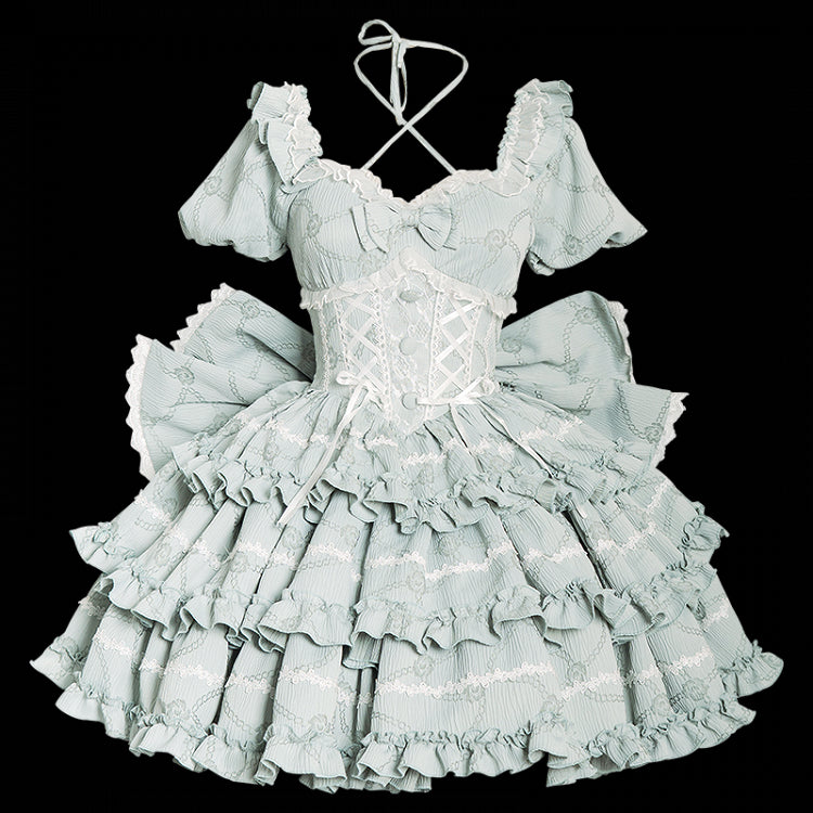 mit Rüschen Big Rock OP Lolita Kleid Grüne Taille an der Rückseite Schleife Korsett Prinzessin