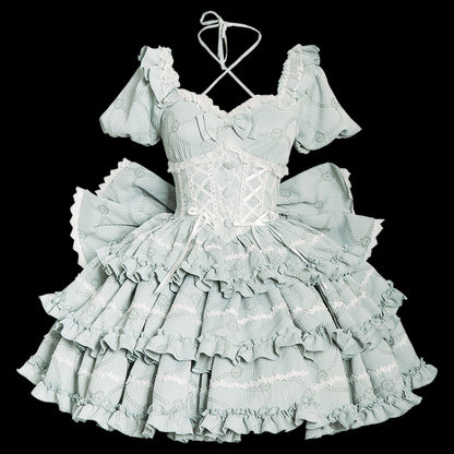 mit Rüschen Big Rock OP Lolita Kleid Grüne Taille an der Rückseite Schleife Korsett Prinzessin