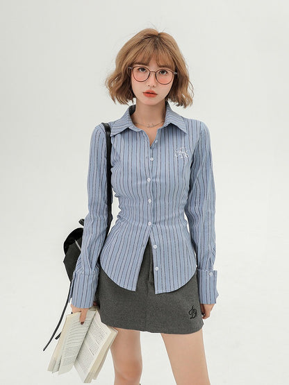 School-Style Blue Striped Long-Sleeve Shirt - Girlyhalo