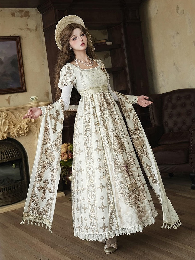 Gold Cross Pattern Gothic Lolita Empire Dress Set - Unknown Star