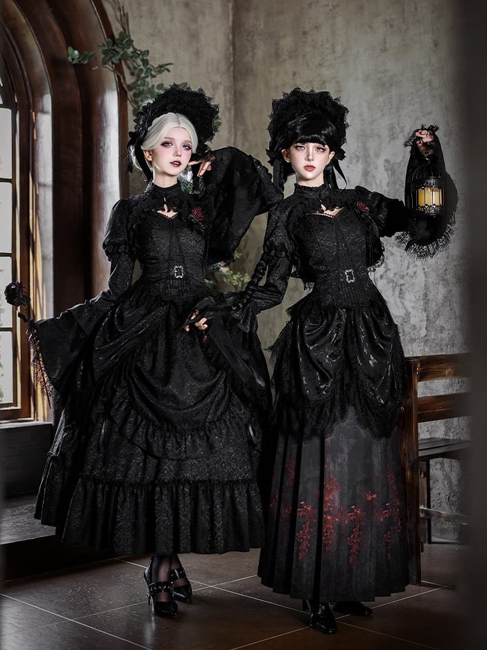Black Gothic Butterfly Corset Set | Corset Top + Horse-face Skirt + Bolero + Waist Drapery + Brooch | With PUJI