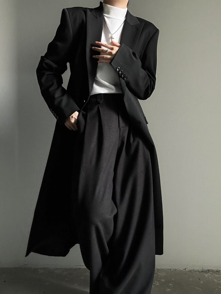 Black Structured Long Trench Coat with Notch Lapel
