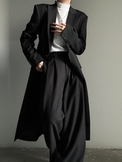 Black Structured Long Trench Coat with Notch Lapel