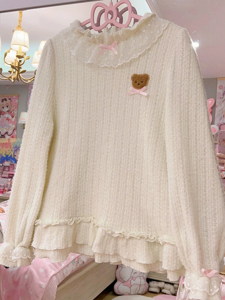 Fleece Lining Beige Sweater with Lace Trim and Bear Patch