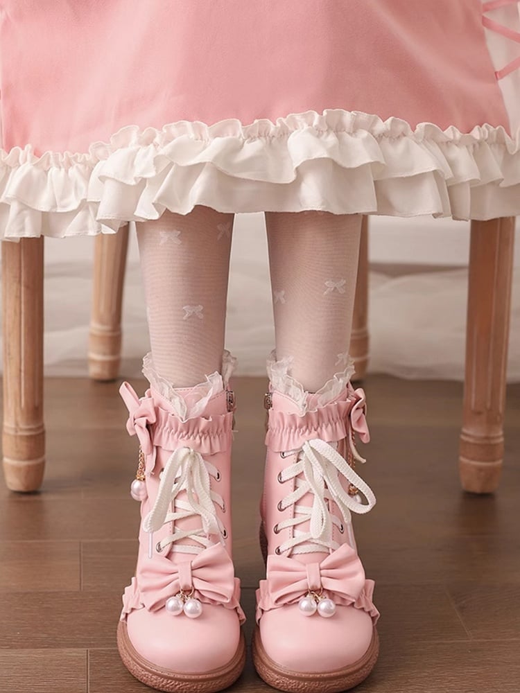 Lace Ruffles Boots Regular/Thicken Pink Cuff Trim Version Lolita - with Top Bow