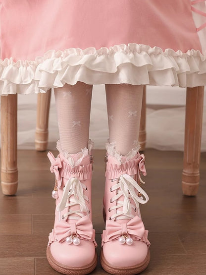 Lace Ruffles Boots Regular/Thicken Pink Cuff Trim Version Lolita - with Top Bow