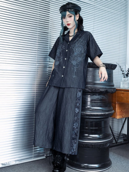 Dark Blue Short Sleeve Shirt with Sea Lily Print - Quirky Hut
