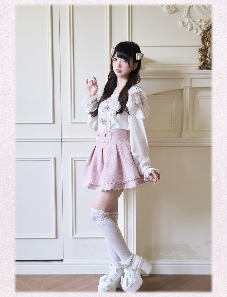 Pink White Rhinestones Bowknots Blouse Jirai Kei Sailor Collar Ruffled Lace Trim