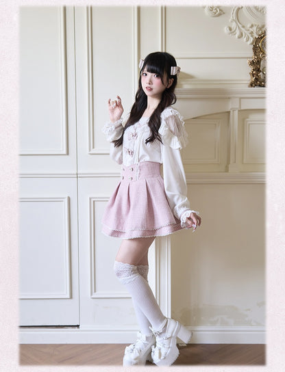 Pink White Rhinestones Bowknots Blouse Jirai Kei Sailor Collar Ruffled Lace Trim