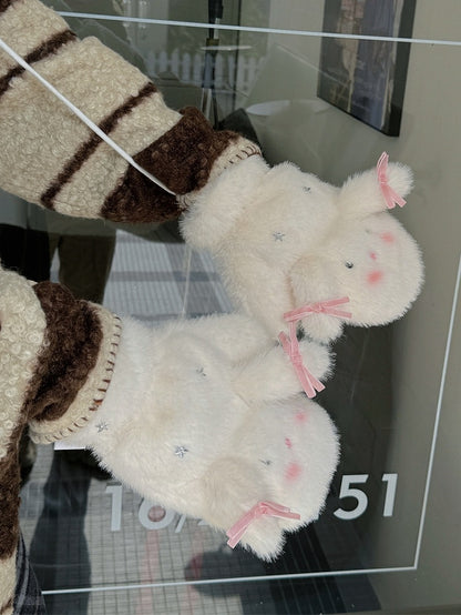 Weiße süße Hasenstern-Plüschhandschuhe mit Schleife
