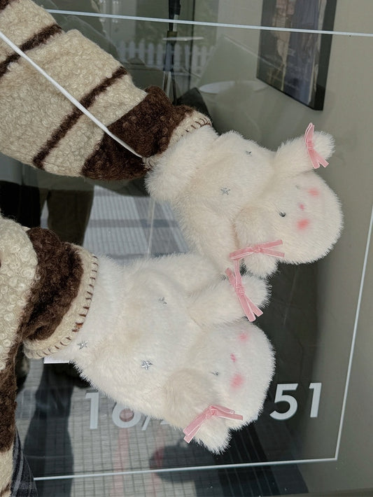 Weiße süße Hasenstern-Plüschhandschuhe mit Schleife