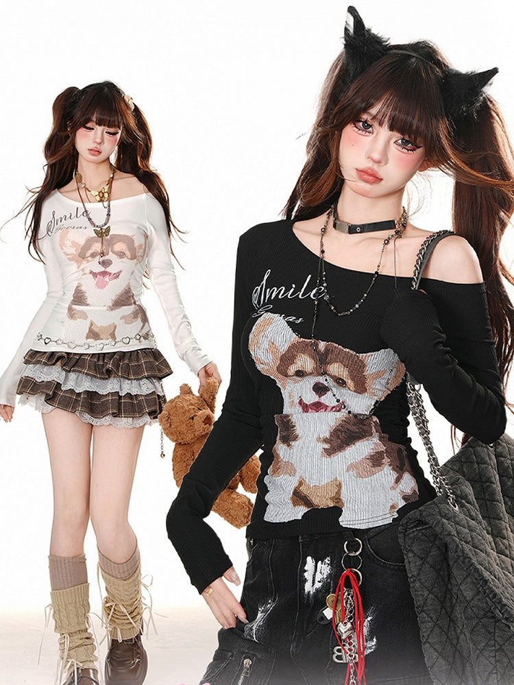 Schwarz/weißes Slim-Fit-Top mit asymmetrischem Ausschnitt und Welpen-Print