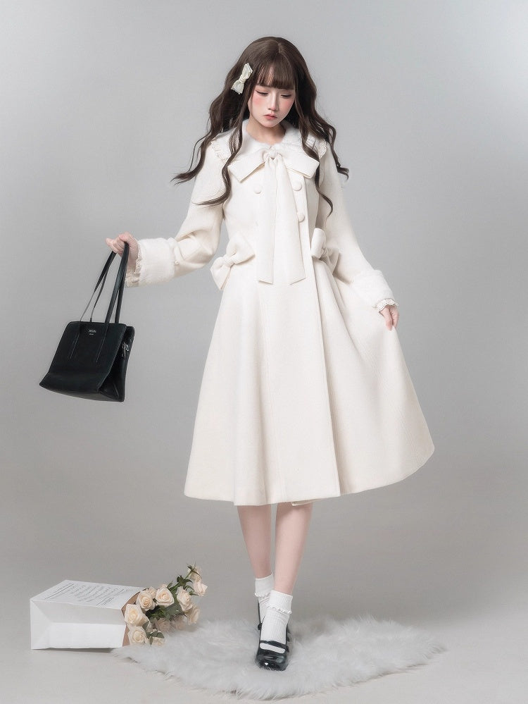 Jirai Wool with Removable Coat Waist Bowknot Kei White Pure-Style Decor