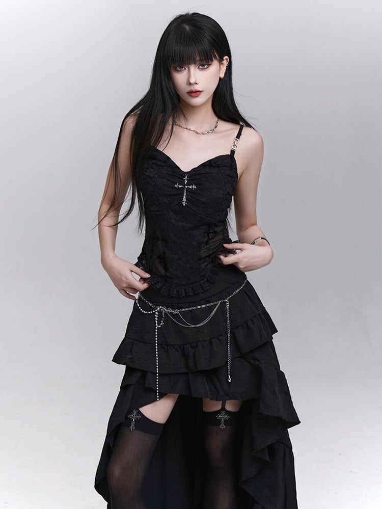 with Beaded Black Lace Patches Waist Cross Decorated Cami Top Chains