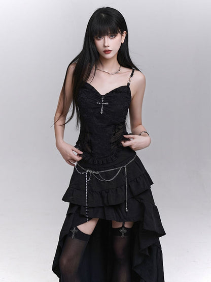 with Beaded Black Lace Patches Waist Cross Decorated Cami Top Chains