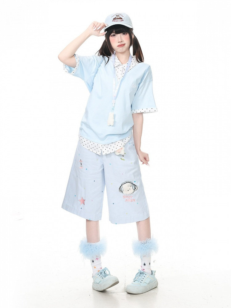 Blue Polka Dot Cropped Wide Pants with Puppy Embroidery - Languid Park