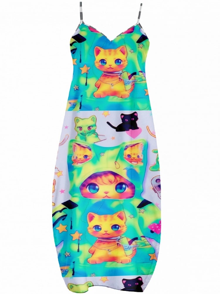 Y2K Print Cat Cami Colorful Dress