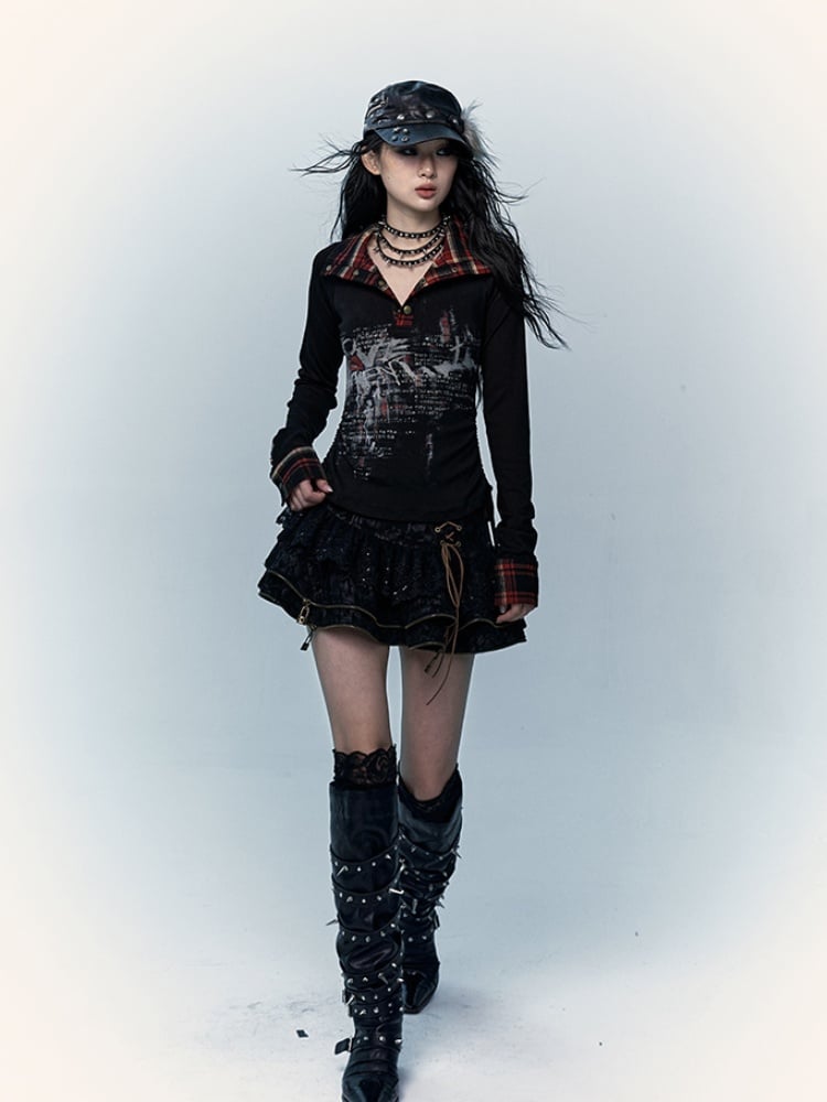 Schwarz-rot kariertes Polo-Top mit Kordelzug in der Taille