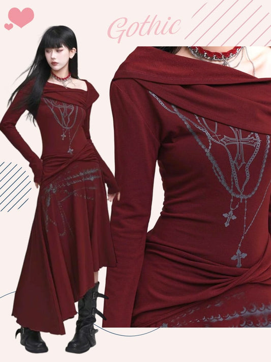 Weinrotes Cross-Kleid mit asymmetrischem Ausschnitt und Saum mit Twist-Detail