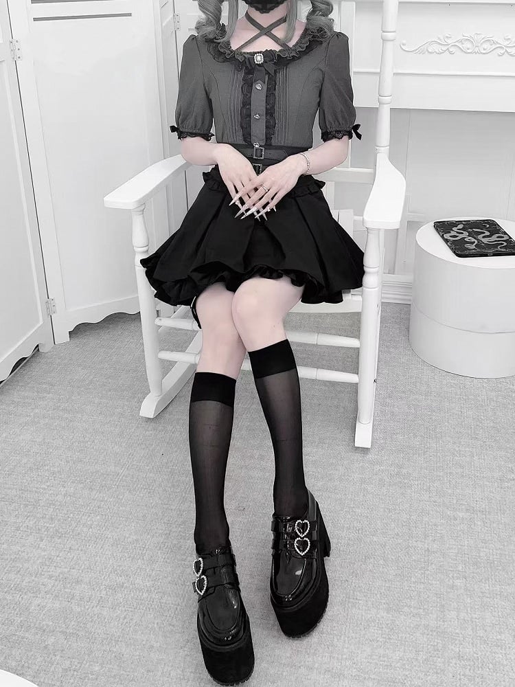 Neckline Heart-Shaped Kei with Rhinestones Pleating Gray Details Jirai Style Blouse Square and