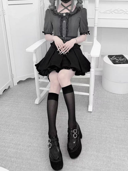 Neckline Heart-Shaped Kei with Rhinestones Pleating Gray Details Jirai Style Blouse Square and