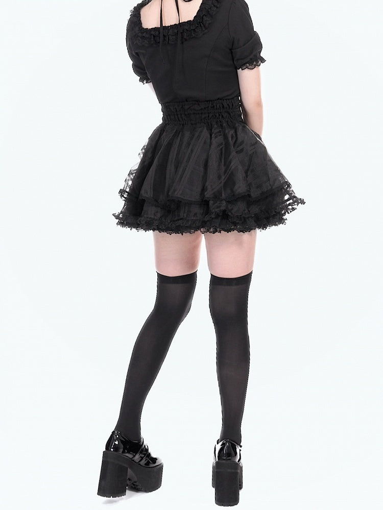 Skirt Waist Jirai with Bowknot Smocked Lace-up Accents Triple-Layer Black Kei Organza