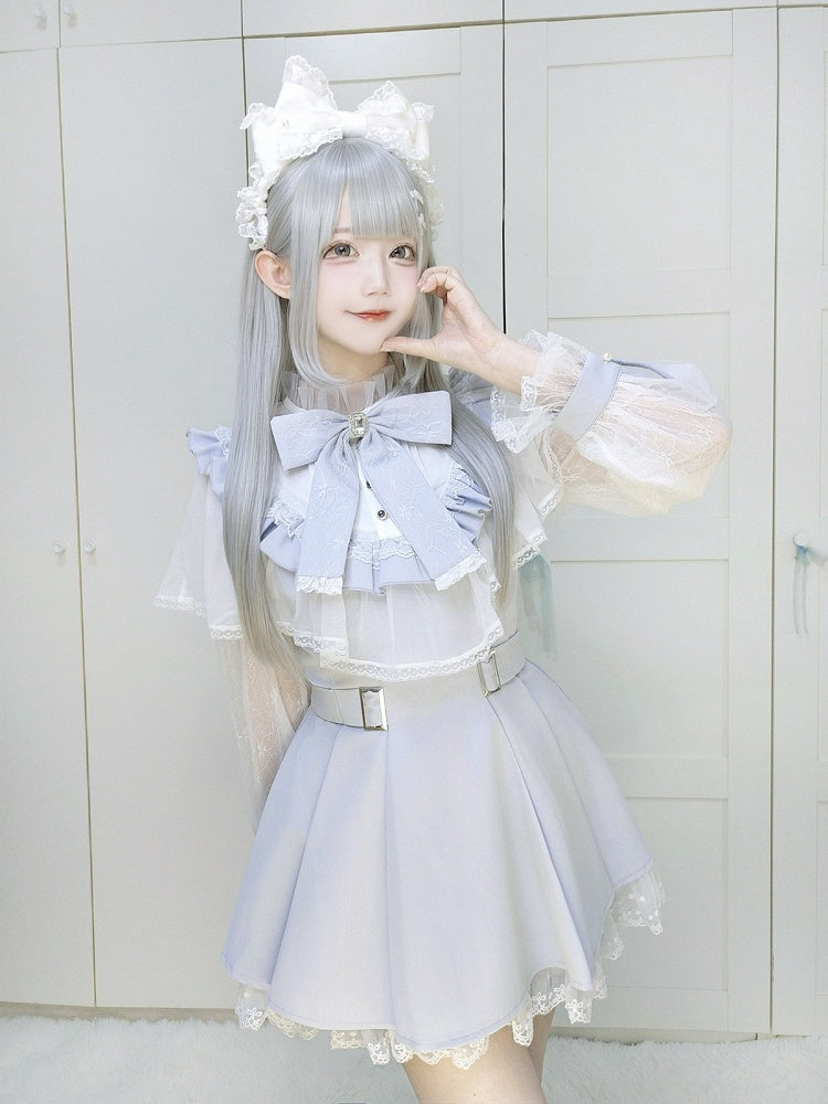 Blue Cape Design Long Sleeve Dress with Lace and Shorts Set - Faded Dolls