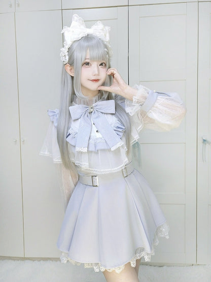Blue Cape Design Long Sleeve Dress with Lace and Shorts Set - Faded Dolls