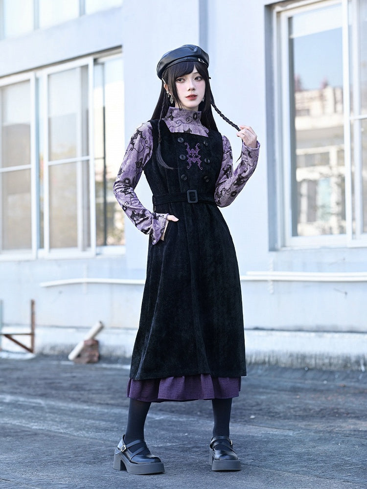 Double-Layer Hem Vest Maxi Dress in Black with Purple Bat Embroidery - Quirky Hut