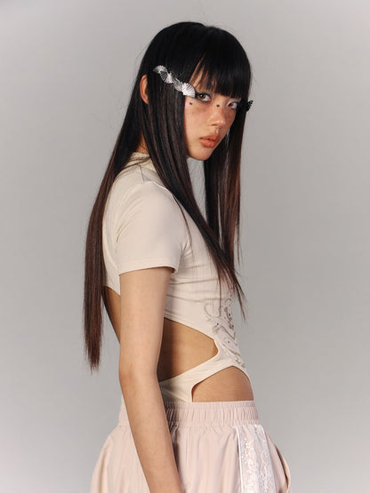 Sleeve Motif with Teardrop Cheongsam Cutout Bodysuit Apricot Short Dragon