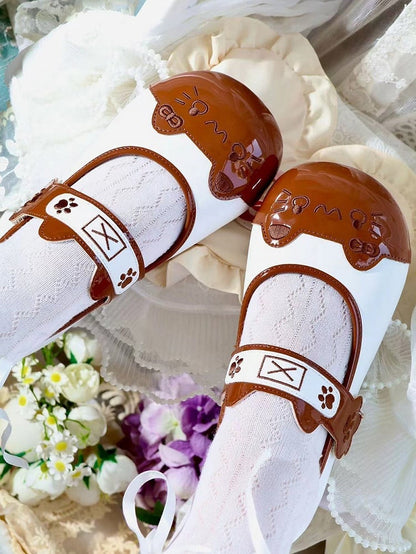 Kitten Cat Sweet Embroidery Toe Ear Flat Mary Janes Paw Theme PU with - Lolita Velcro Round Brown