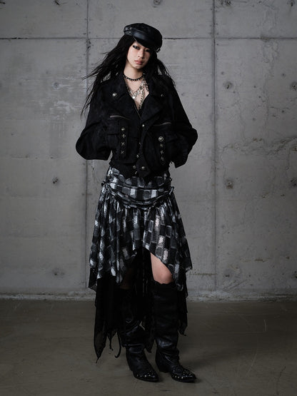 Faux Pockets Studded with Jacket Black Punk Collar Fur Suede Embellishments Detachable 3D