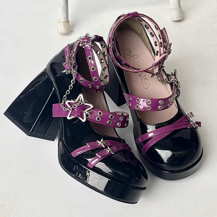 with Mary Star Detachable Charm Chain High Janes Punk Purple Black Heel Block Buckle -