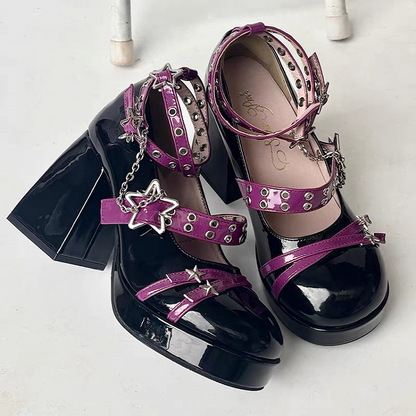 with Mary Star Detachable Charm Chain High Janes Punk Purple Black Heel Block Buckle -