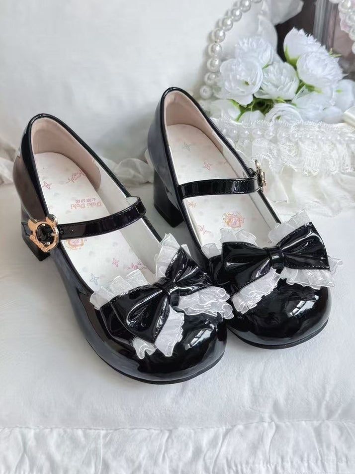 with Mid Black PU - Round Bow Janes Top Toe Mary Heel
