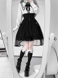 Long Sleeve Details + Bow Tulle Jirai Blouse Skirt High-Waist with White Gothic Train Cross Set Kei Black Lace