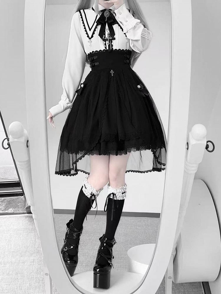 Long Sleeve Details + Bow Tulle Jirai Blouse Skirt High-Waist with White Gothic Train Cross Set Kei Black Lace