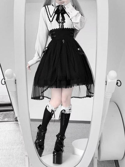 Long Sleeve Details + Bow Tulle Jirai Blouse Skirt High-Waist with White Gothic Train Cross Set Kei Black Lace