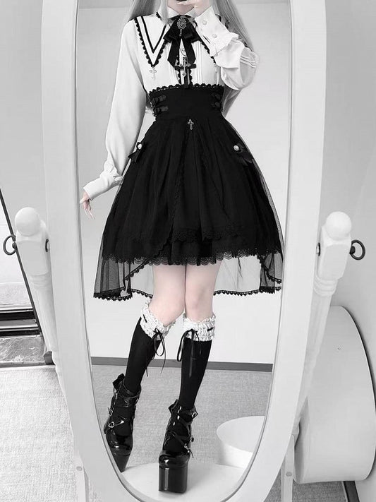 Long Sleeve Details + Bow Tulle Jirai Blouse Skirt High-Waist with White Gothic Train Cross Set Kei Black Lace