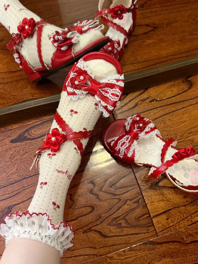 Red Lolita Bow Flower Lace Trim Low Heel Sandals with Back Bows - Sheep Puff
