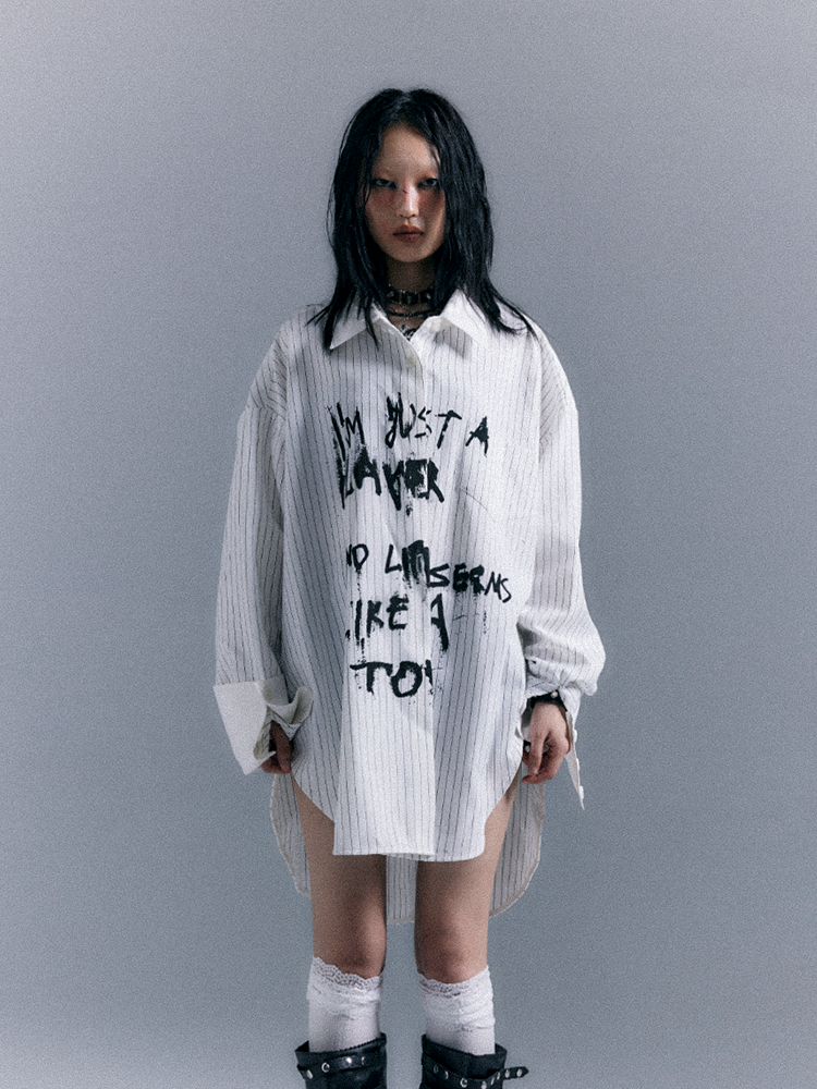 Graffiti Letter Shirt Print Punk White Striped