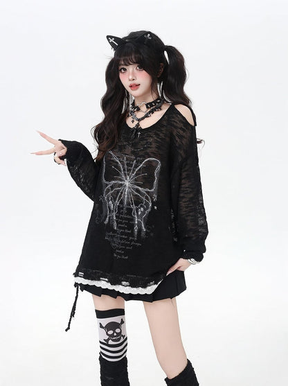 Trim Black/Beige Butterfly Print Cutout Shoulder Lace